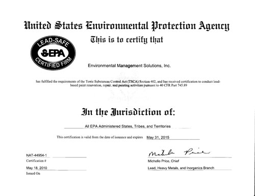 EMS Environmental Protection Agency Certification