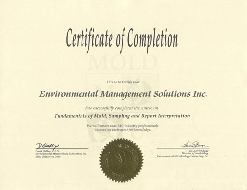 EMS has been awarded the Fundamentals of Mold Certification
